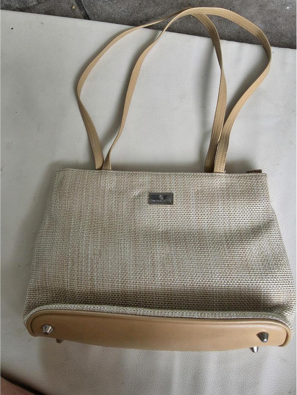 Nine West Beige Canvas and Leather Shoulder Bag